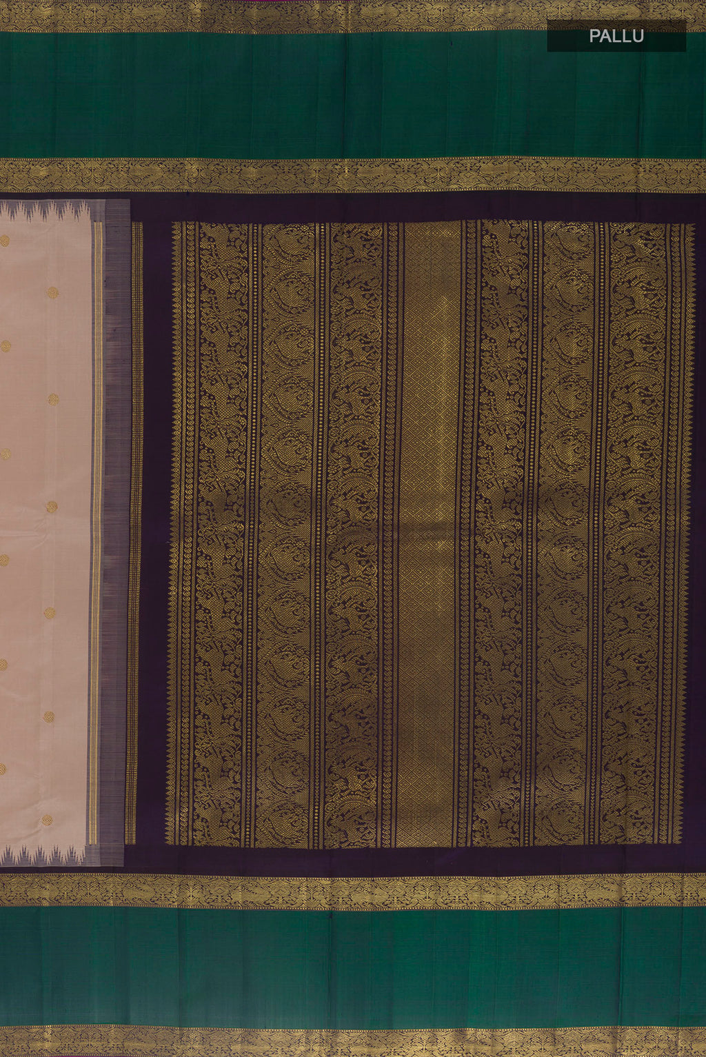 Close up image of the pallu of Pure Silk Pure Zari Cream Kanjivaram Saree with Zari Butta on the body and Zari Border. 