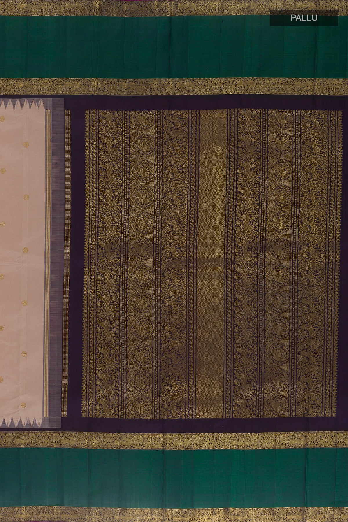 Close up image of the pallu of Pure Silk Pure Zari Cream Kanjivaram Saree with Zari Butta on the body and Zari Border. 
