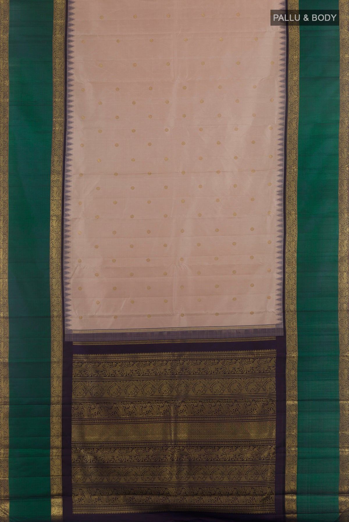 Flat view of Pure Silk Pure Zari Cream Kanjivaram Saree with Zari Butta on the body and Zari Border. 