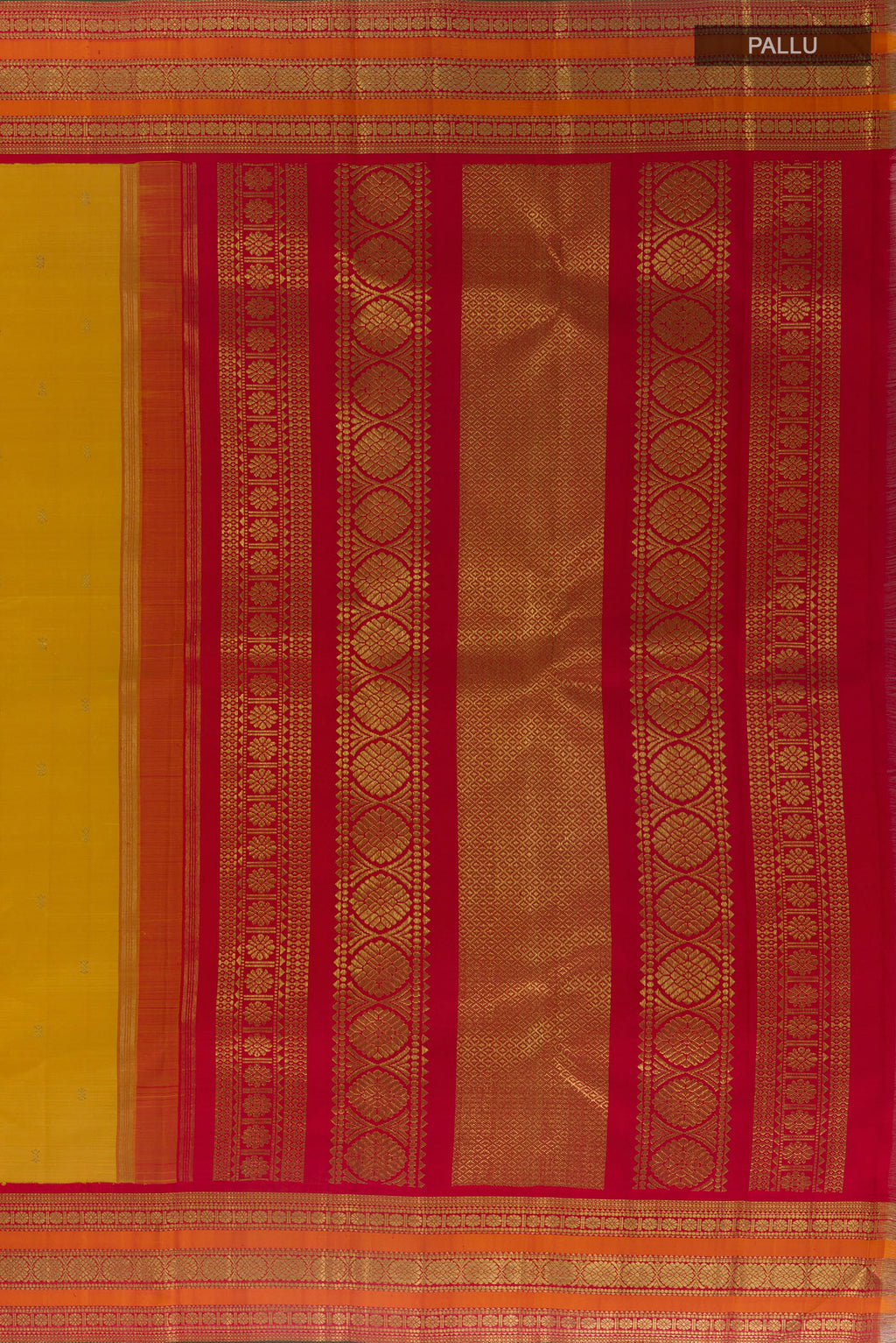 Close up image of the pallu of Pure Silk Pure Zari Yellow Kanjivaram Saree with Zari Butta on the body and Zari Border. 