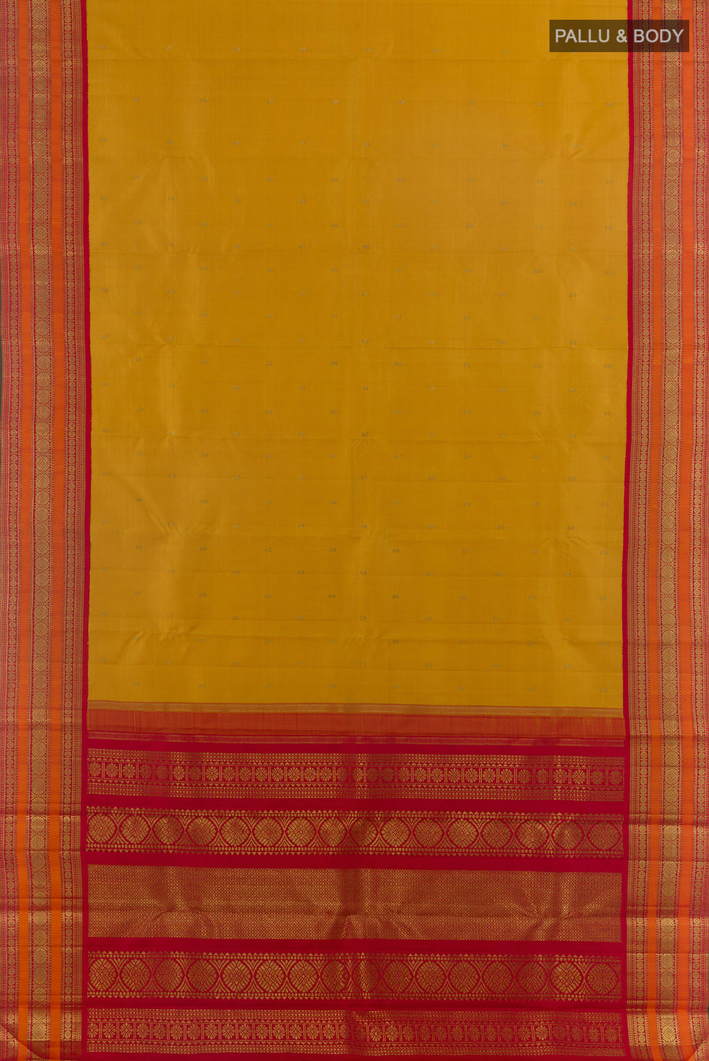 Flat view of Pure Silk Pure Zari Yellow Kanjivaram Saree with Zari Butta on the body and Zari Border. 