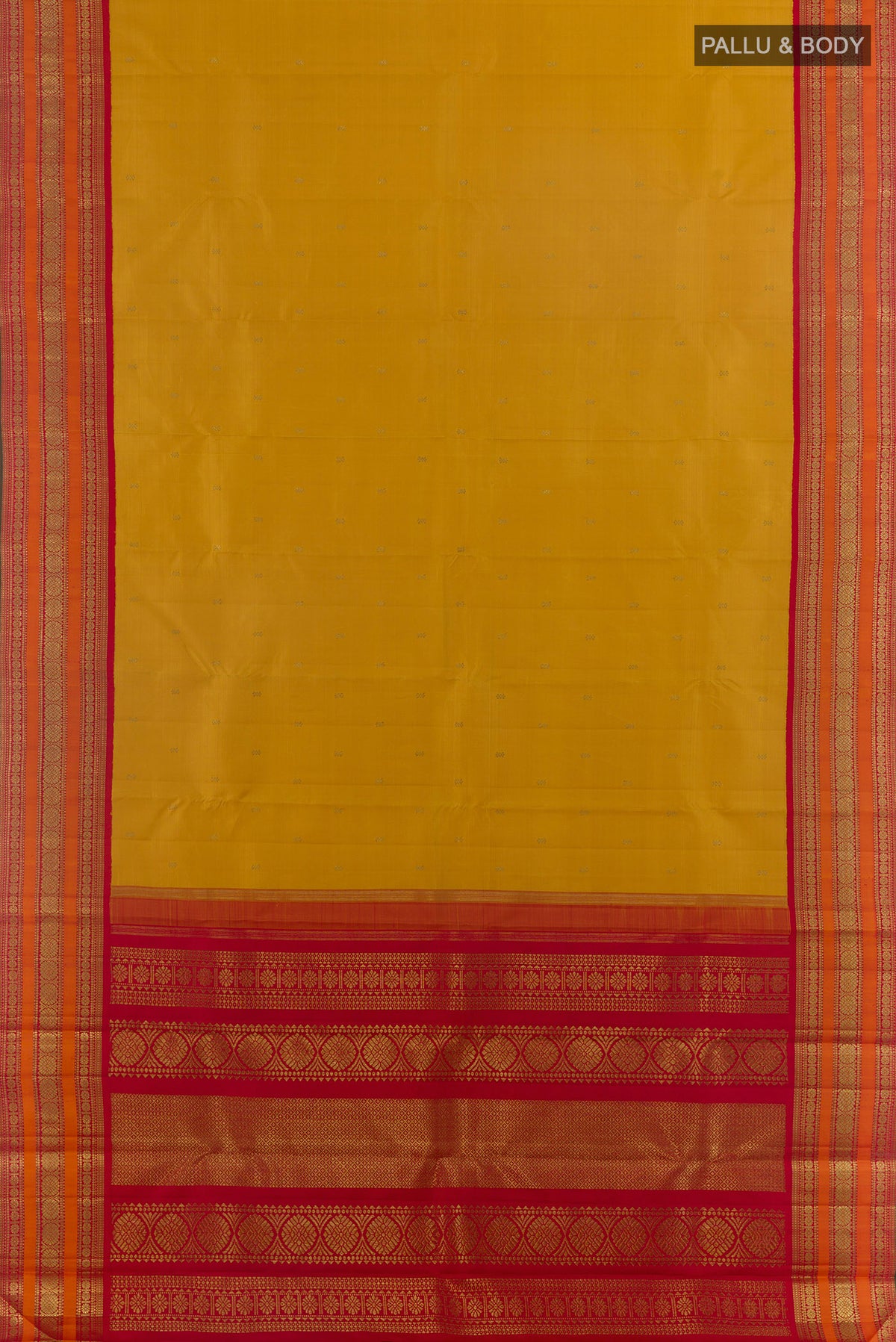 Flat view of Pure Silk Pure Zari Yellow Kanjivaram Saree with Zari Butta on the body and Zari Border. 