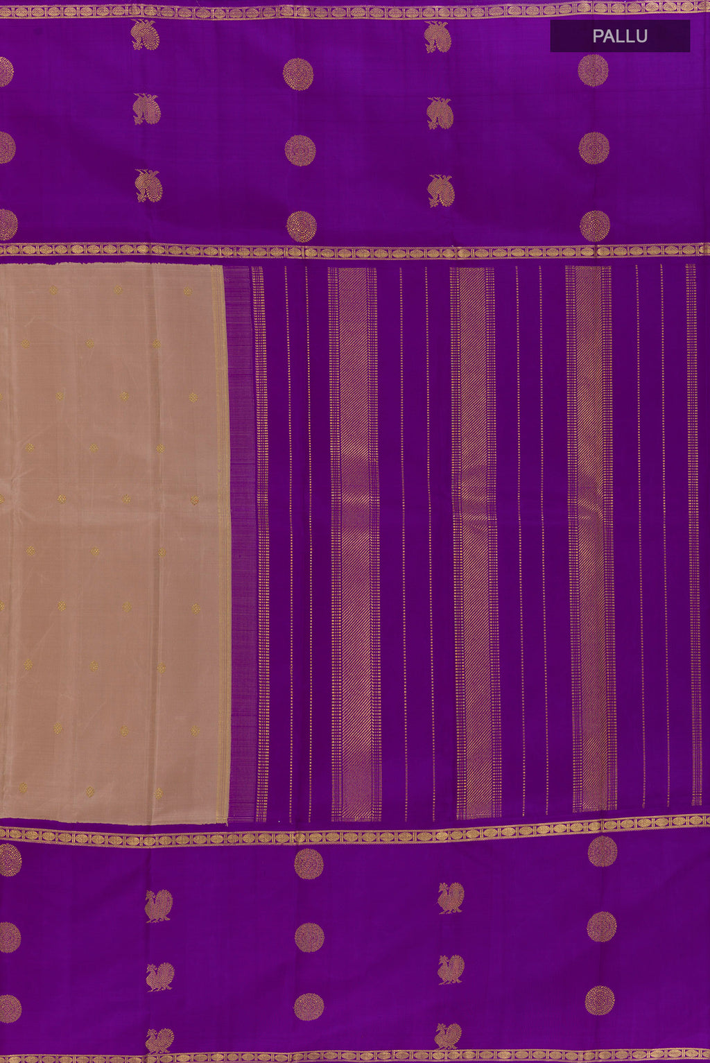 Close up image of the pallu of Pure Silk Pure Zari Beige Kanjivaram Saree with Zari Butta on the body and Zari Border. 