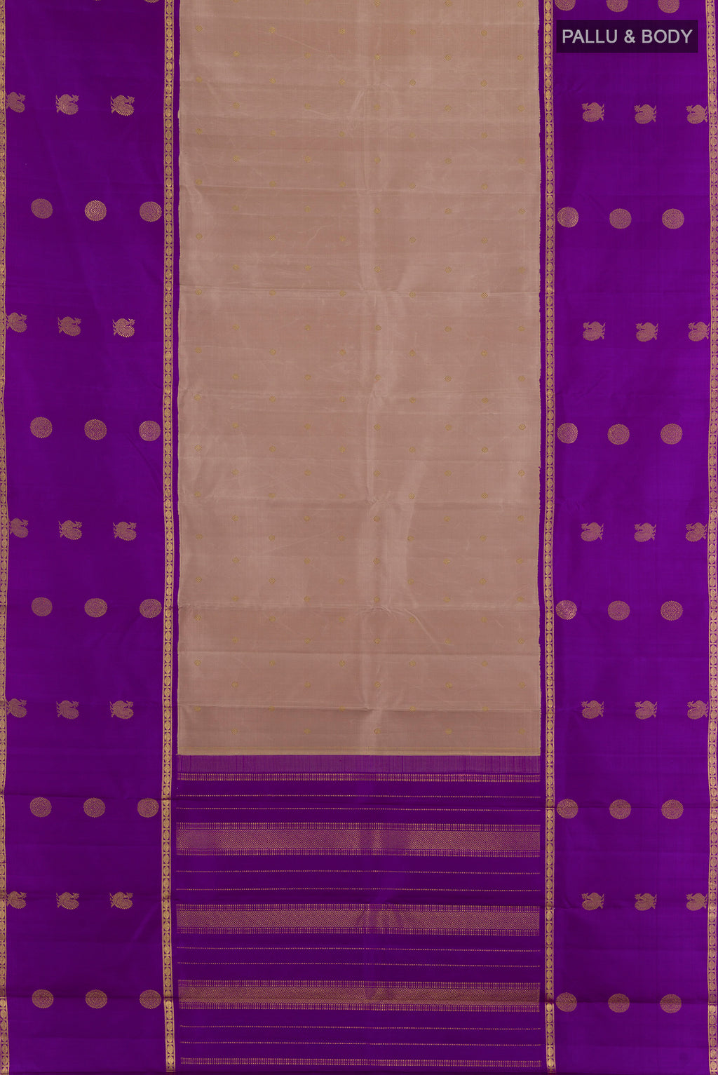 Flat view of Pure Silk Pure Zari Beige Kanjivaram Saree with Zari Butta on the body and Zari Border. 