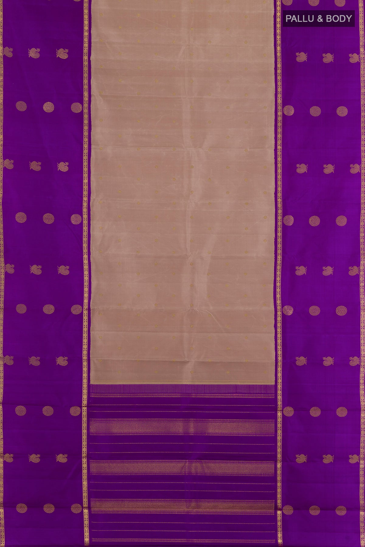 Flat view of Pure Silk Pure Zari Beige Kanjivaram Saree with Zari Butta on the body and Zari Border. 