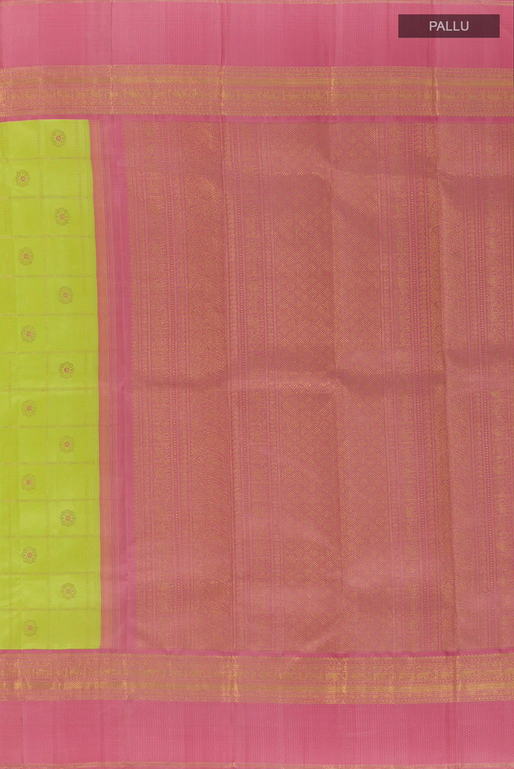 Close up image of the pallu of Pure Silk Pure Zari Lemon Yellow Kanjivaram Saree with Checked design on the body and Zari Border. 