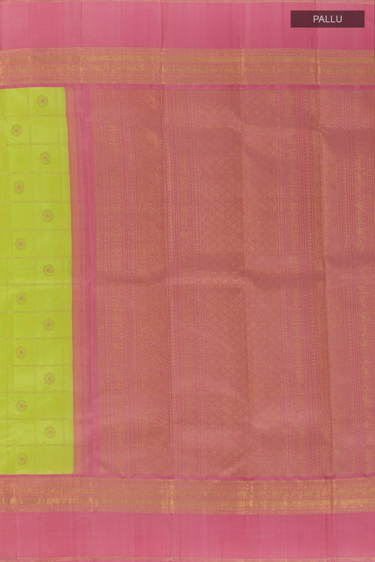 Close up image of the pallu of Pure Silk Pure Zari Lemon Yellow Kanjivaram Saree with Checked design on the body and Zari Border. 