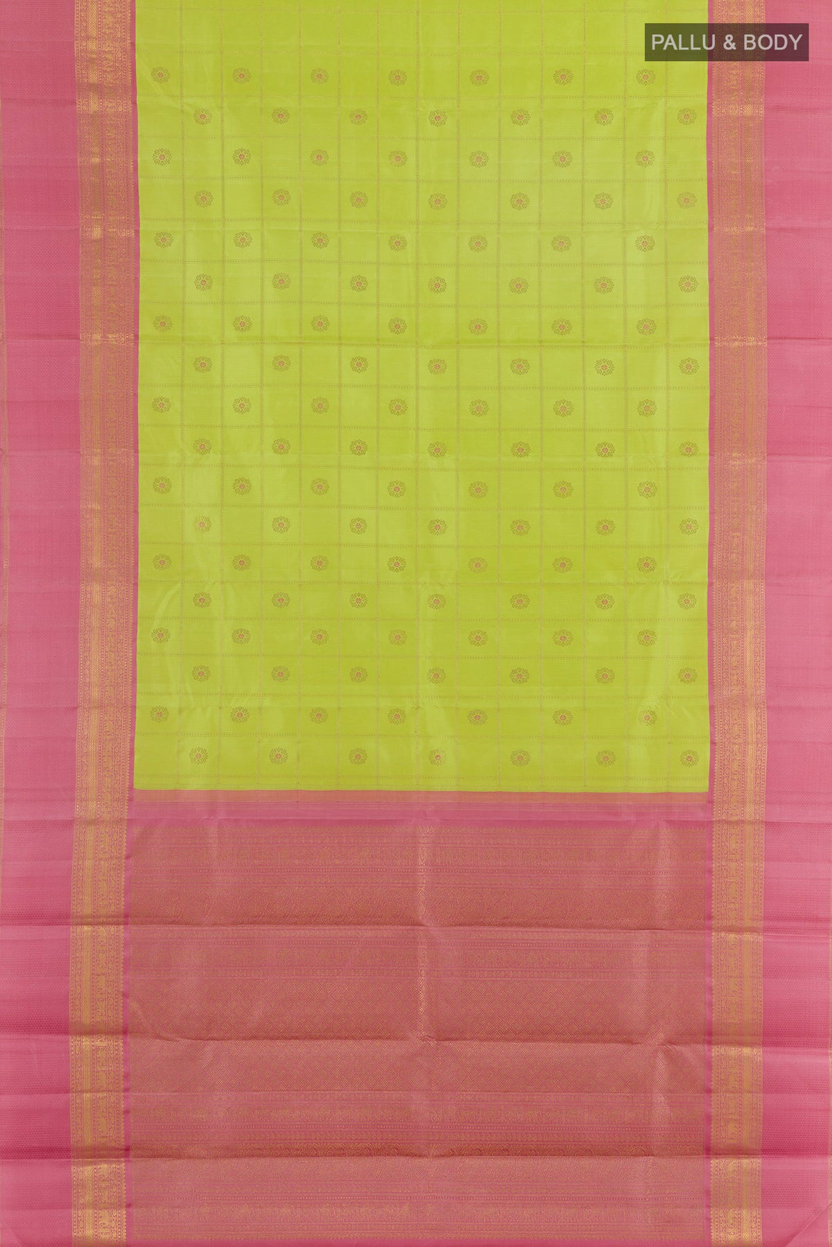 Flat view of Pure Silk Pure Zari Lemon Yellow Kanjivaram Saree with Checked design on the body and Zari Border. 