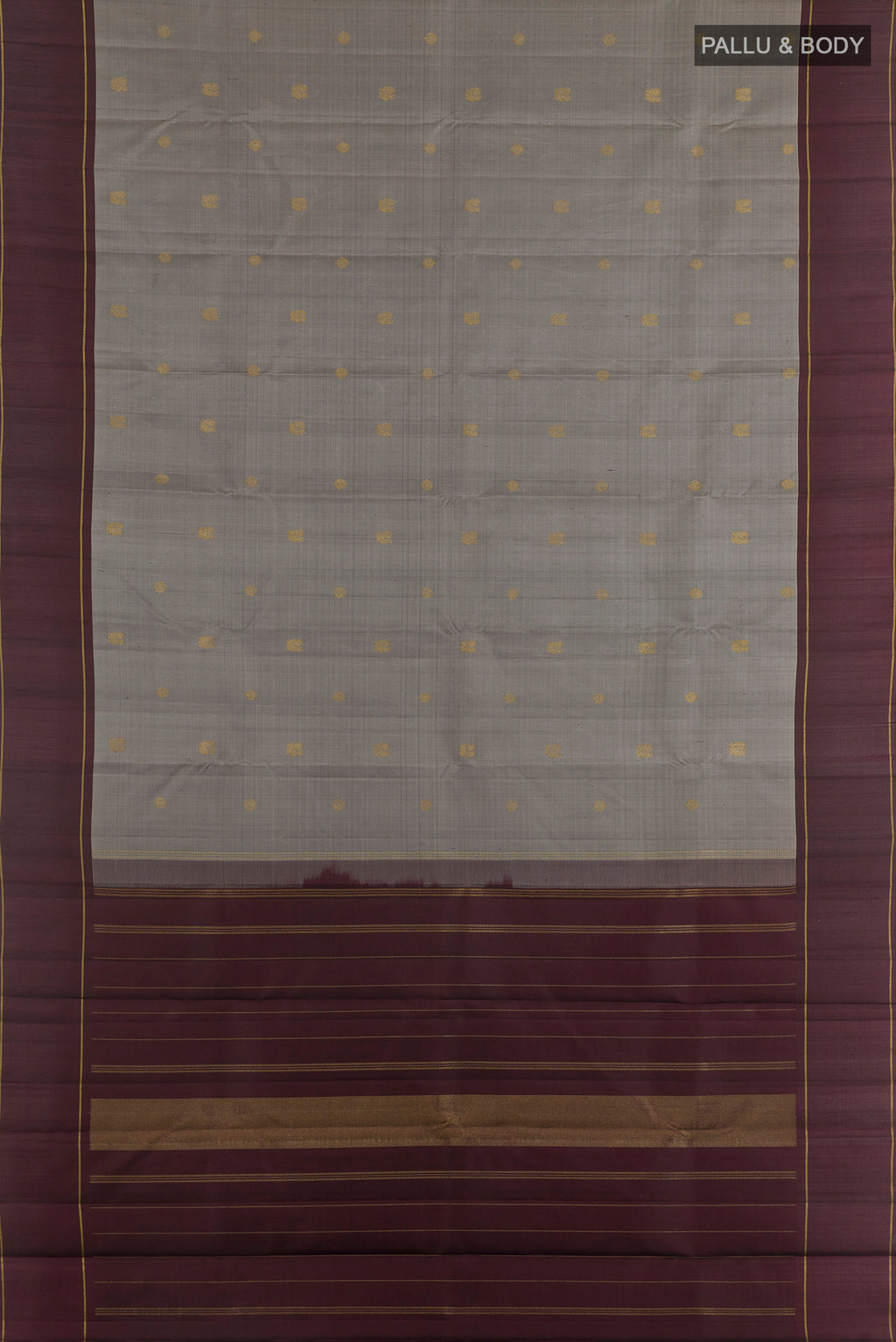Flat view of Pure Silk Pure Zari Grey Kanjivaram Saree with Zari Butta on the body and Plain Border. 