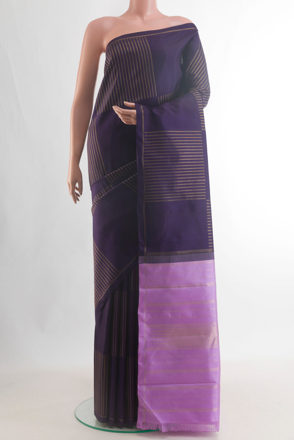 Pure Silk Pure Zari Navy Blue Kanchipuram Saree with Stripes on the body and Zari Border.  displayed on a mannequin