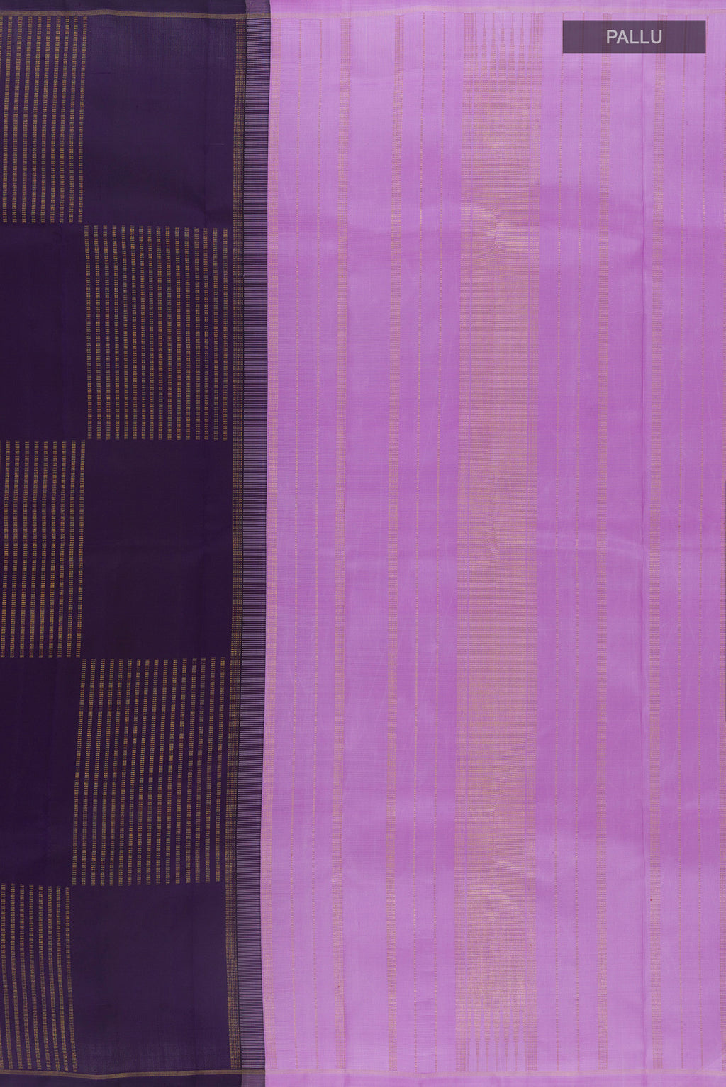 Close up image of the pallu of Pure Silk Pure Zari Navy Blue Kanchipuram Saree with Stripes on the body and Zari Border. 