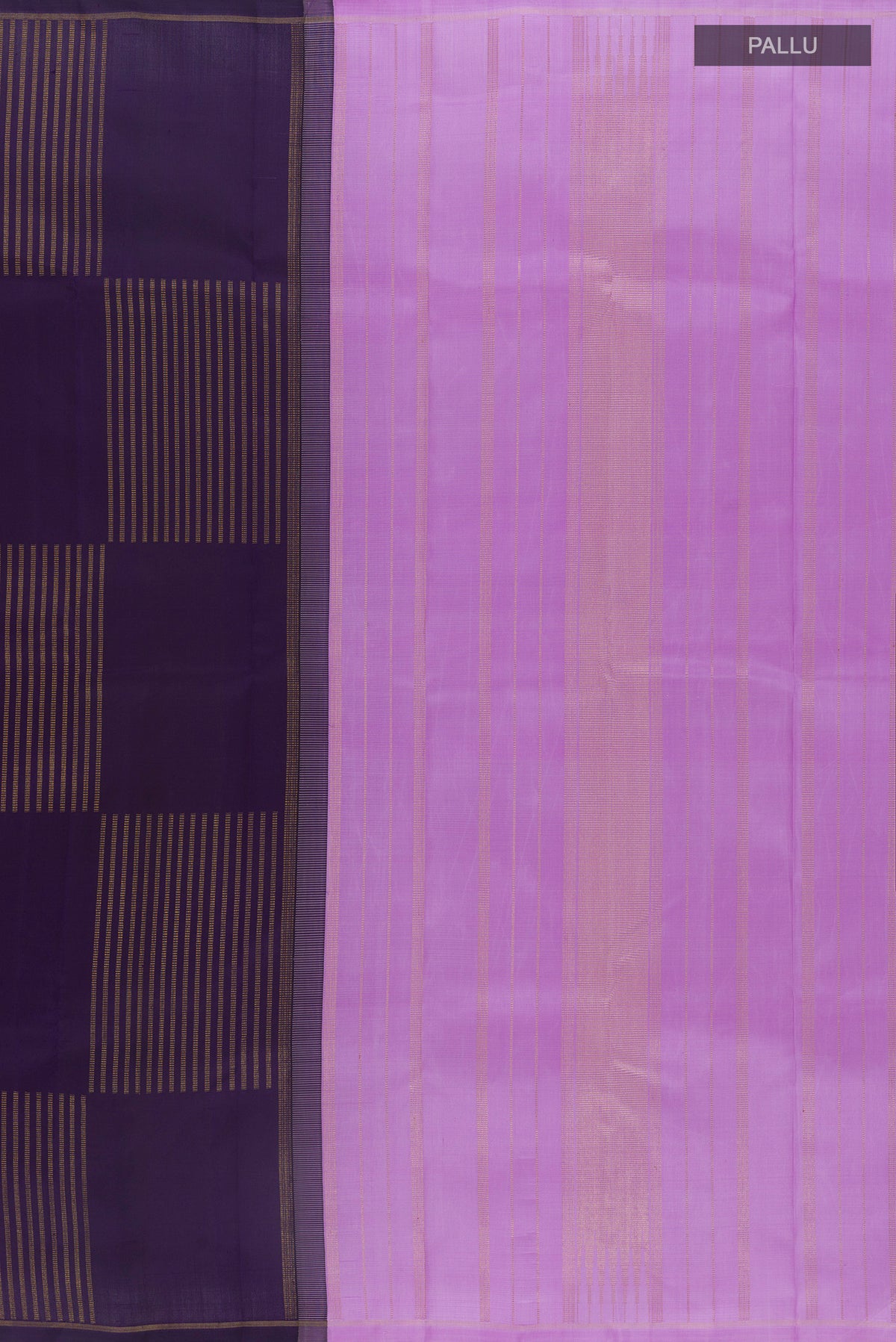Close up image of the pallu of Pure Silk Pure Zari Navy Blue Kanchipuram Saree with Stripes on the body and Zari Border. 