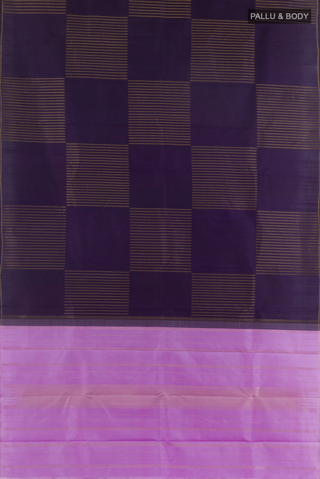 Flat view of Pure Silk Pure Zari Navy Blue Kanchipuram Saree with Stripes on the body and Zari Border. 