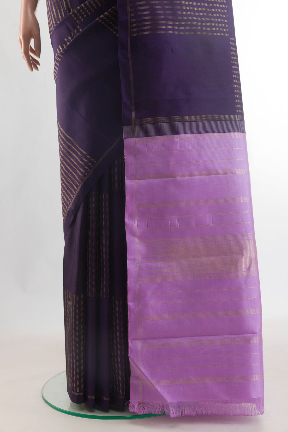 Pleats and pallu of Pure Silk Pure Zari Navy Blue Kanchipuram Saree with Stripes on the body and Zari Border. 