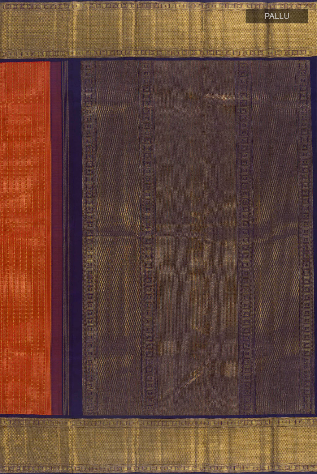 Close up image of the pallu of Pure Silk Pure Zari Orange Kanjivaram Saree with Zari Brocade on the body and Zari Border. 
