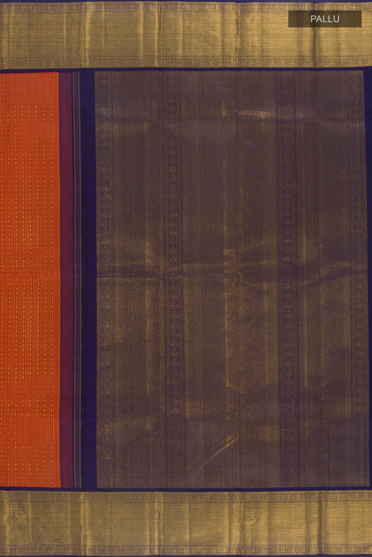 Close up image of the pallu of Pure Silk Pure Zari Orange Kanjivaram Saree with Zari Brocade on the body and Zari Border. 