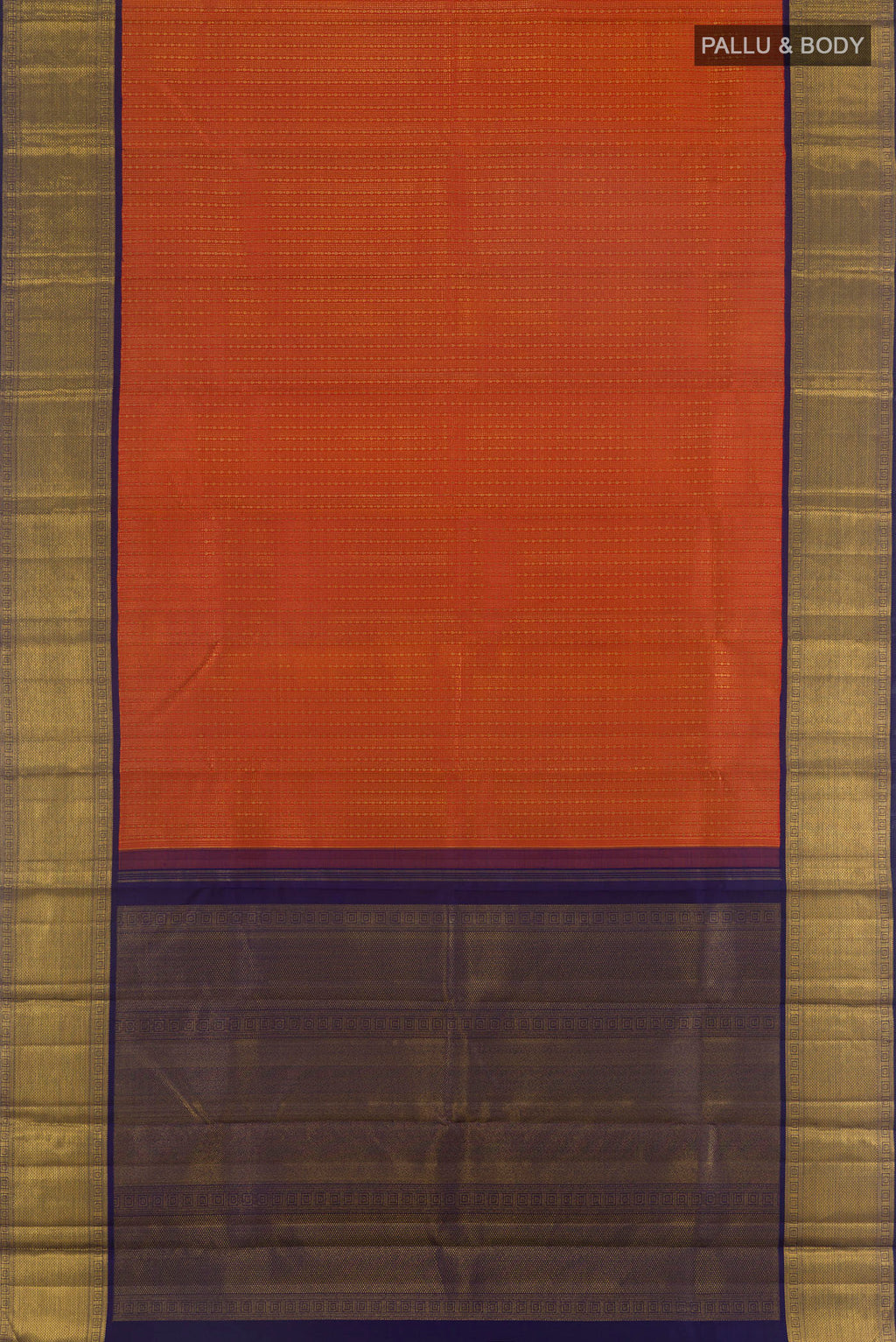 Flat view of Pure Silk Pure Zari Orange Kanjivaram Saree with Zari Brocade on the body and Zari Border. 