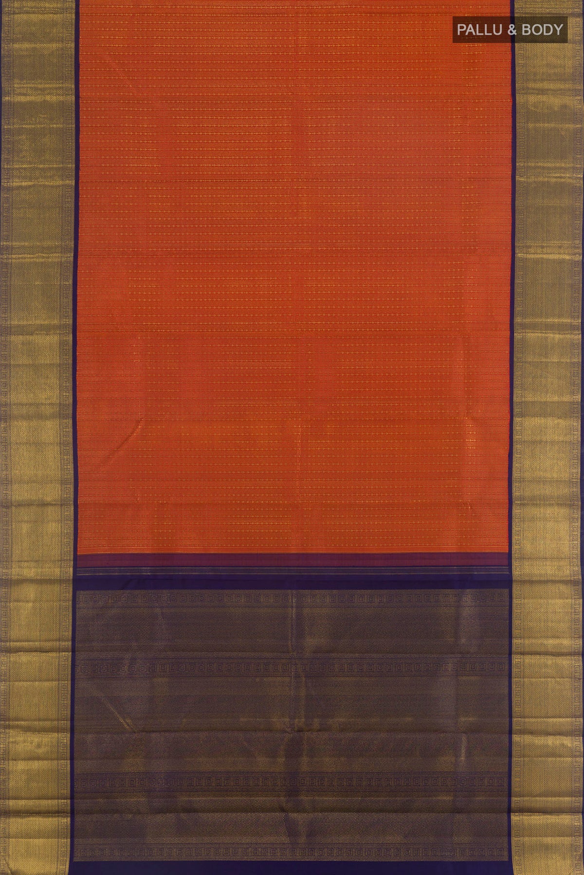 Flat view of Pure Silk Pure Zari Orange Kanjivaram Saree with Zari Brocade on the body and Zari Border. 