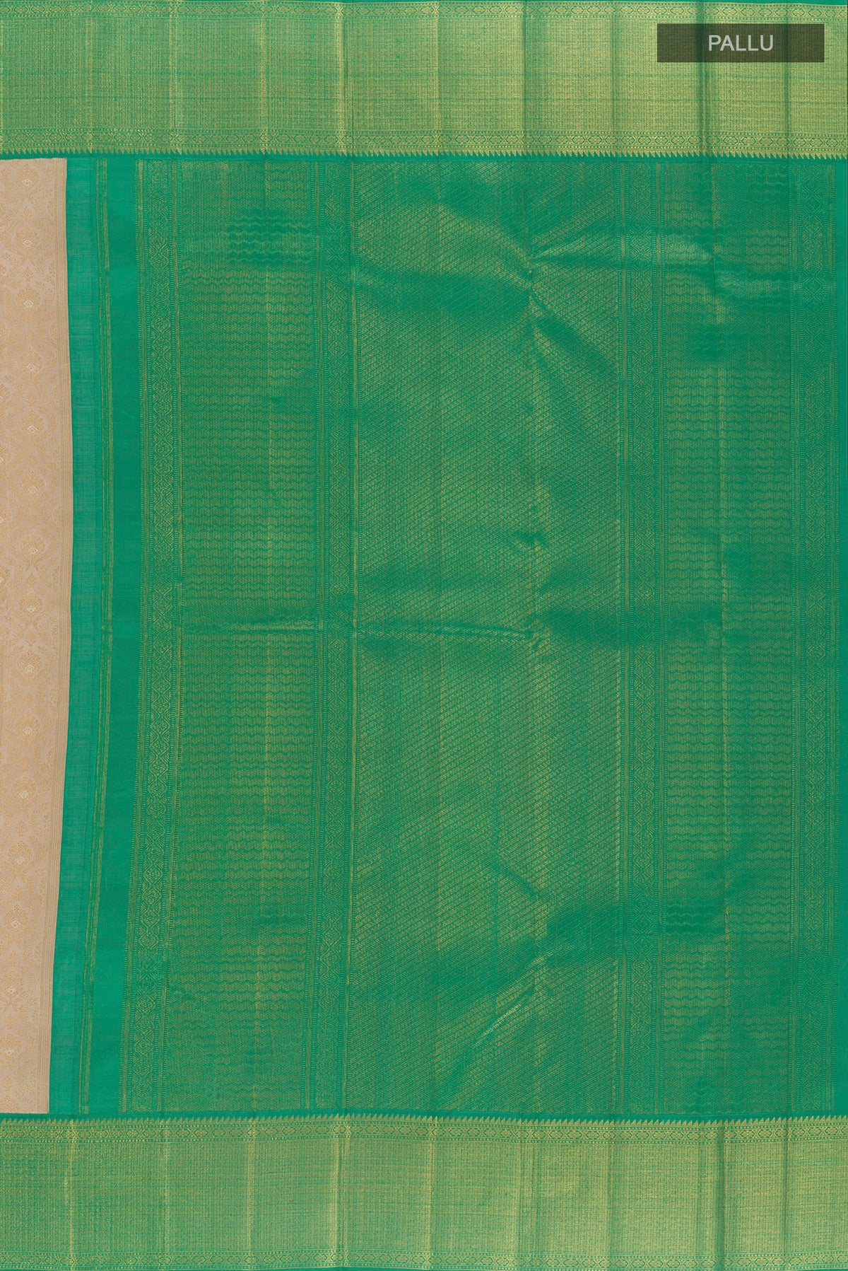Close up image of the pallu of Pure Silk Pure Zari Beige Kanjivaram Saree with Zari Brocade on the body and Zari Border. 