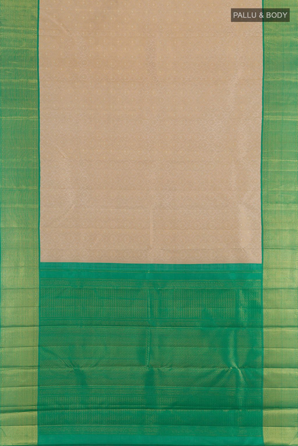 Flat view of Pure Silk Pure Zari Beige Kanjivaram Saree with Zari Brocade on the body and Zari Border. 