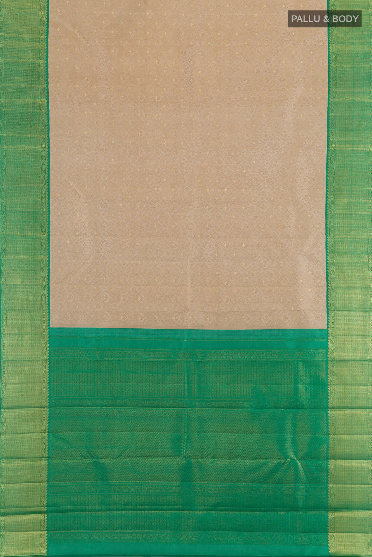 Flat view of Pure Silk Pure Zari Beige Kanjivaram Saree with Zari Brocade on the body and Zari Border. 