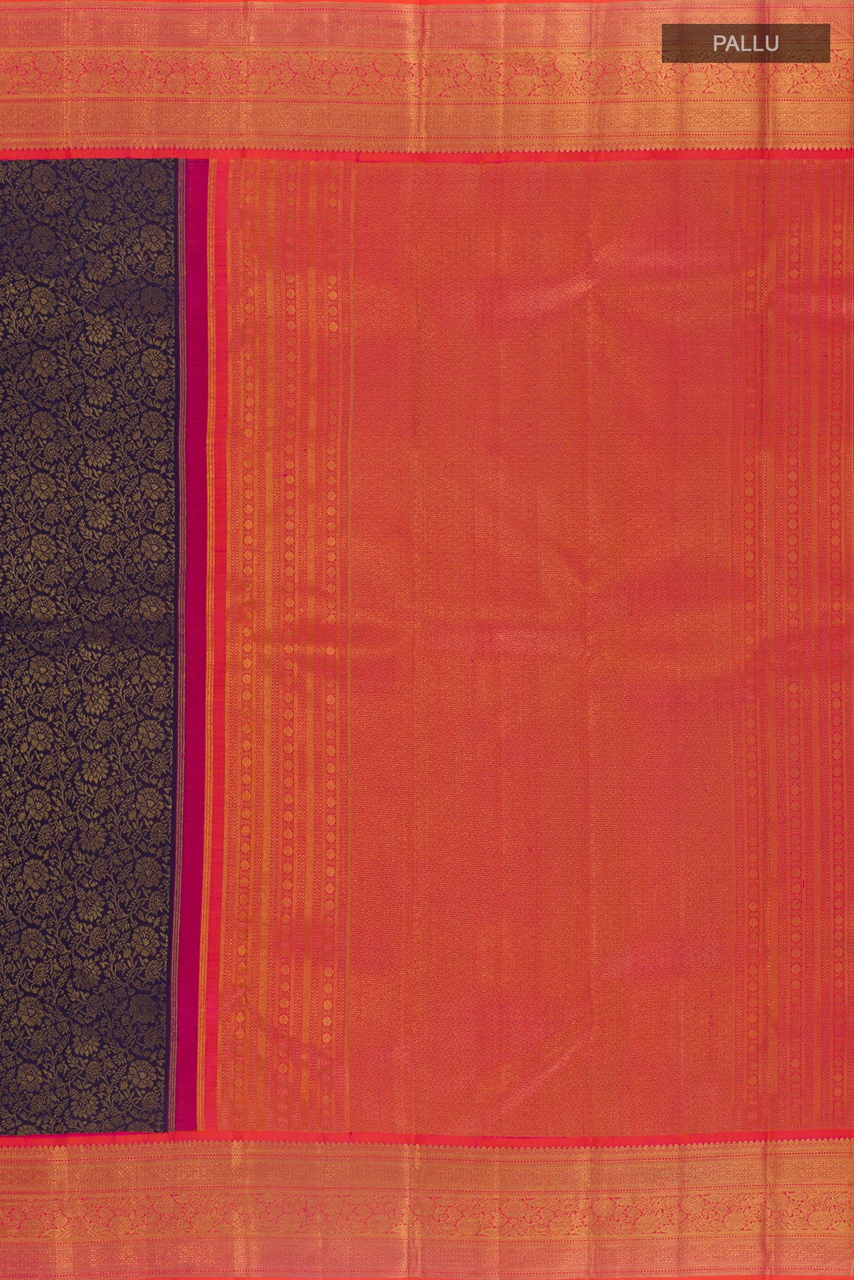 Close up image of the pallu of Pure Silk Pure Zari Navy Blue Kanjivaram Saree with Zari Brocade on the body and Zari Border. 