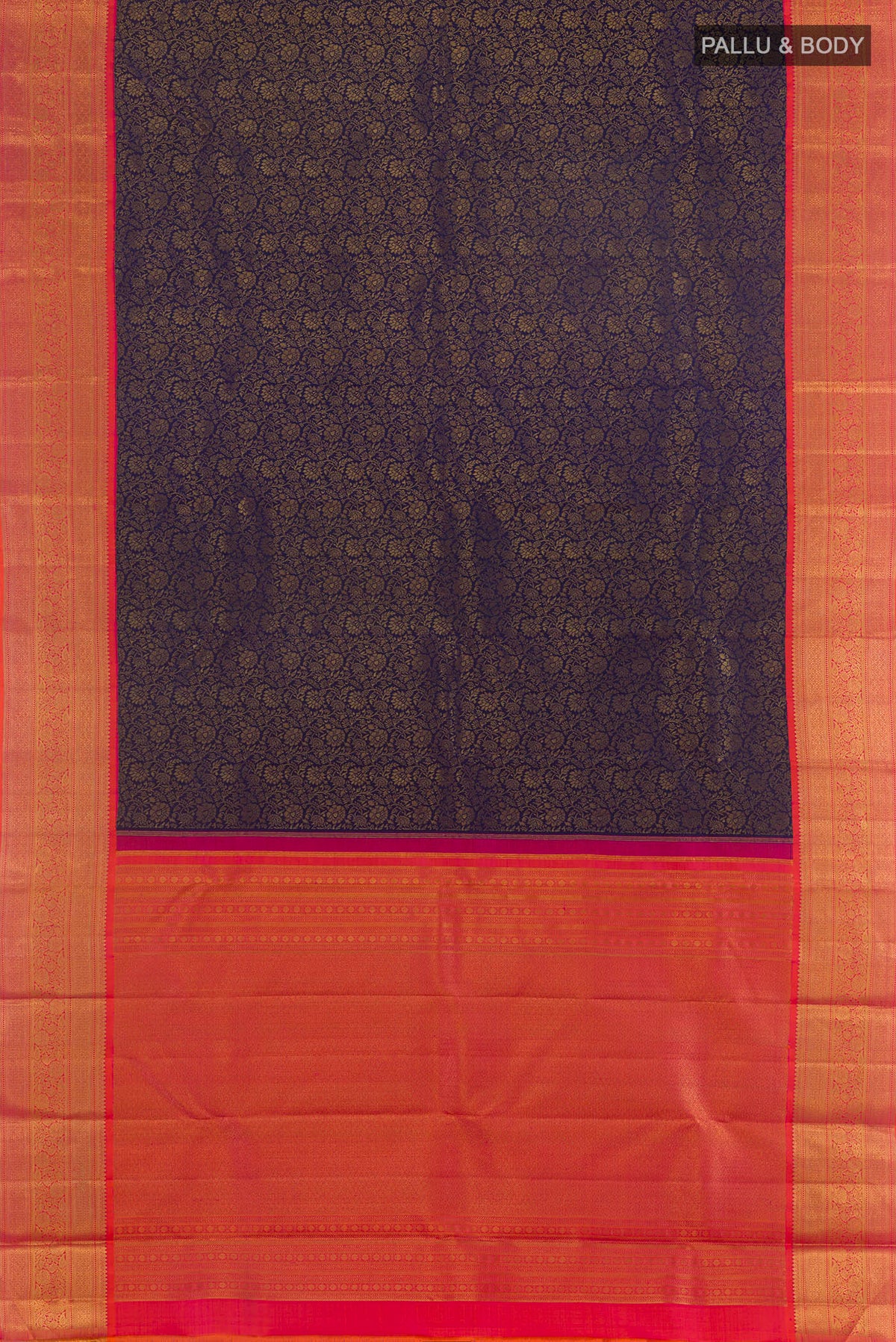 Flat view of Pure Silk Pure Zari Navy Blue Kanjivaram Saree with Zari Brocade on the body and Zari Border. 