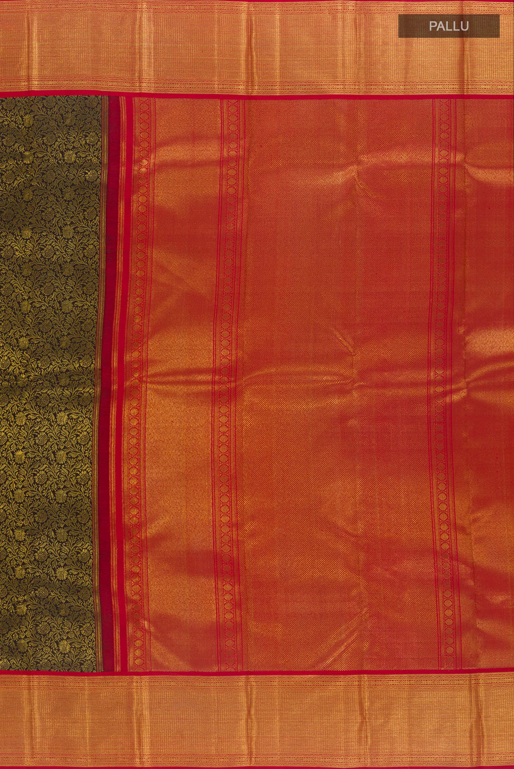 Close up image of the pallu of Pure Silk Pure Zari Black Kanjivaram Saree with Zari Brocade on the body and Zari Border. 