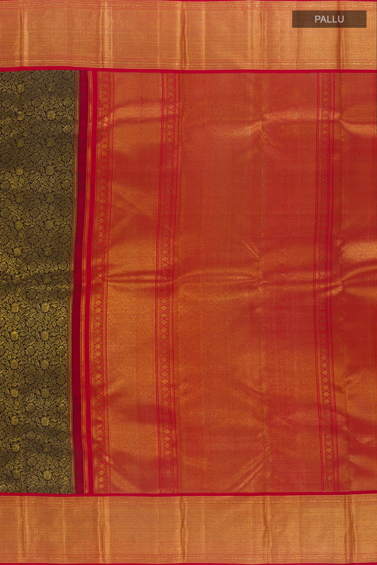 Close up image of the pallu of Pure Silk Pure Zari Black Kanjivaram Saree with Zari Brocade on the body and Zari Border. 