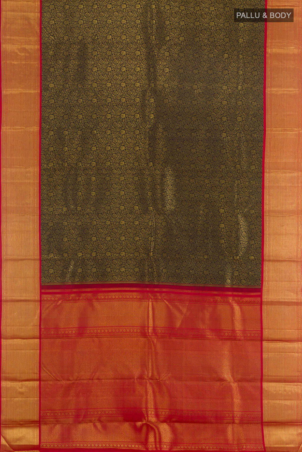 Flat view of Pure Silk Pure Zari Black Kanjivaram Saree with Zari Brocade on the body and Zari Border. 