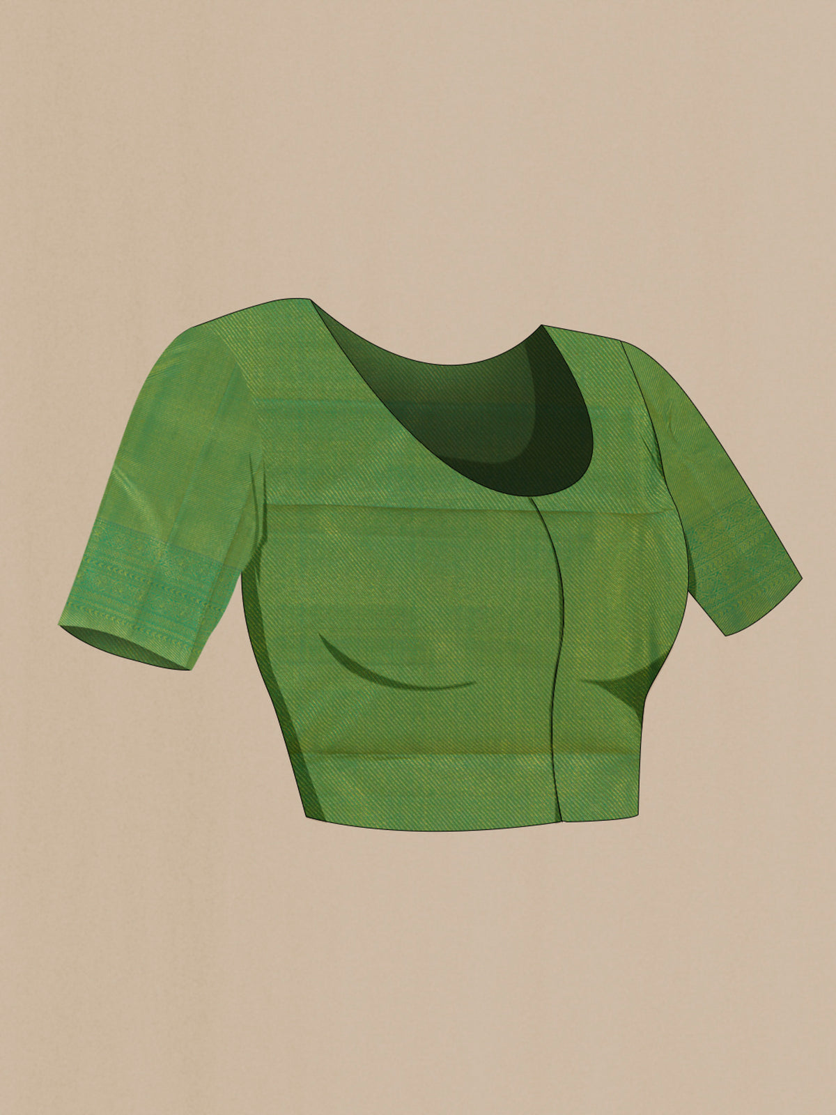 Close up image of the blouse of Pure Silk Acid Green Kanchipuram Saree with Zari Brocade on the body and Zari Border. 