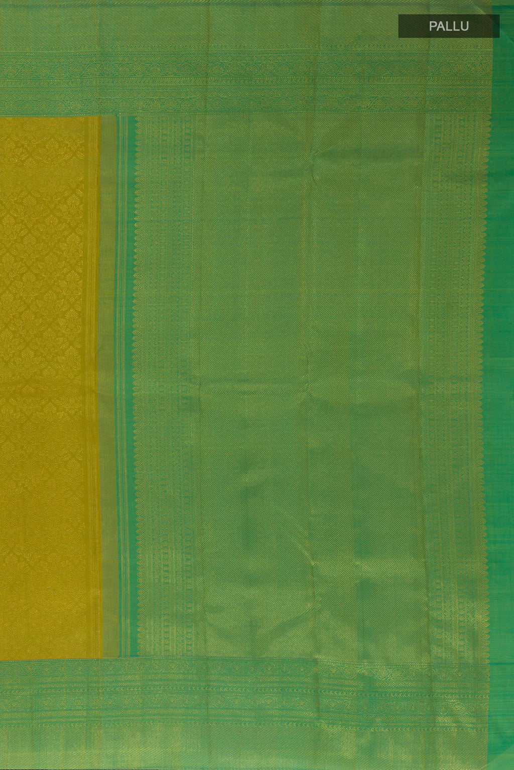 Close up image of the pallu of Pure Silk Acid Green Kanchipuram Saree with Zari Brocade on the body and Zari Border. 