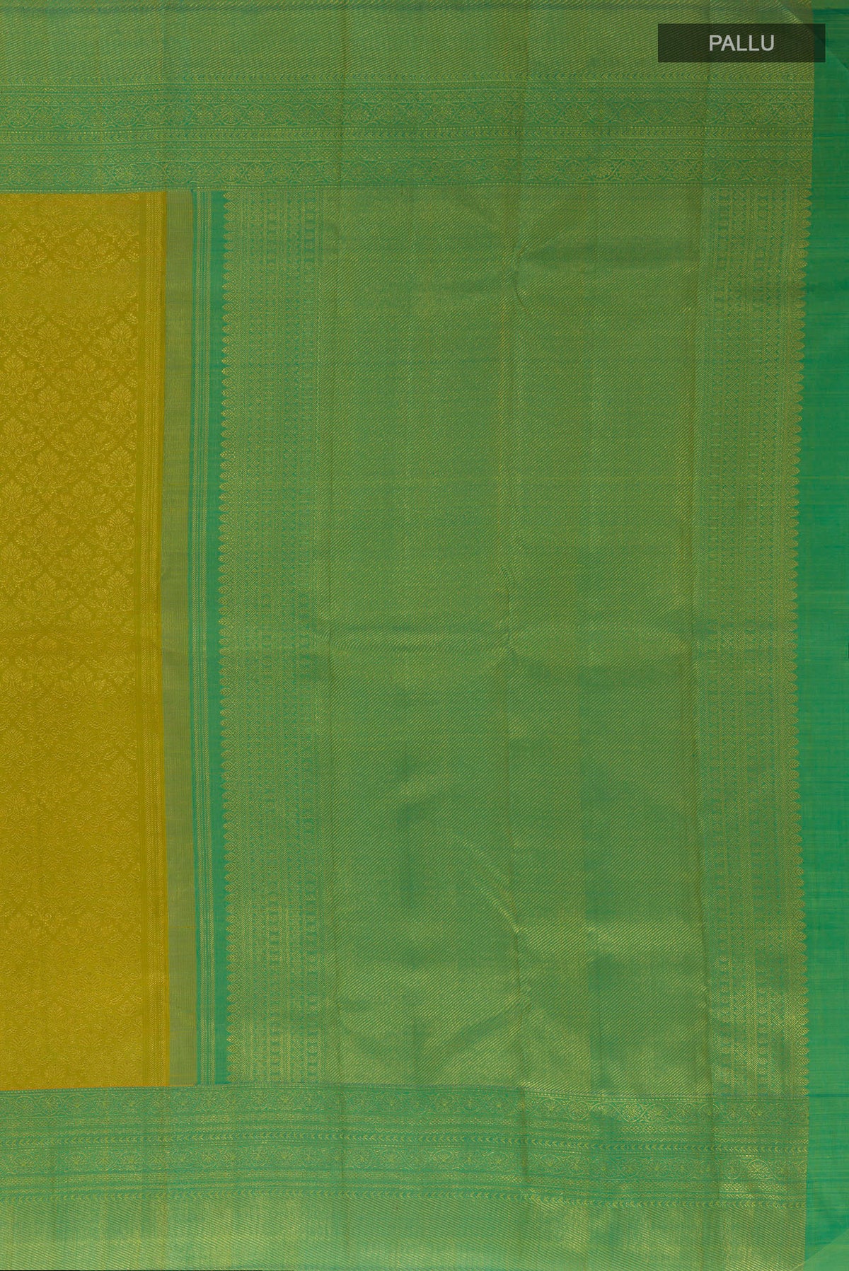 Close up image of the pallu of Pure Silk Acid Green Kanchipuram Saree with Zari Brocade on the body and Zari Border. 