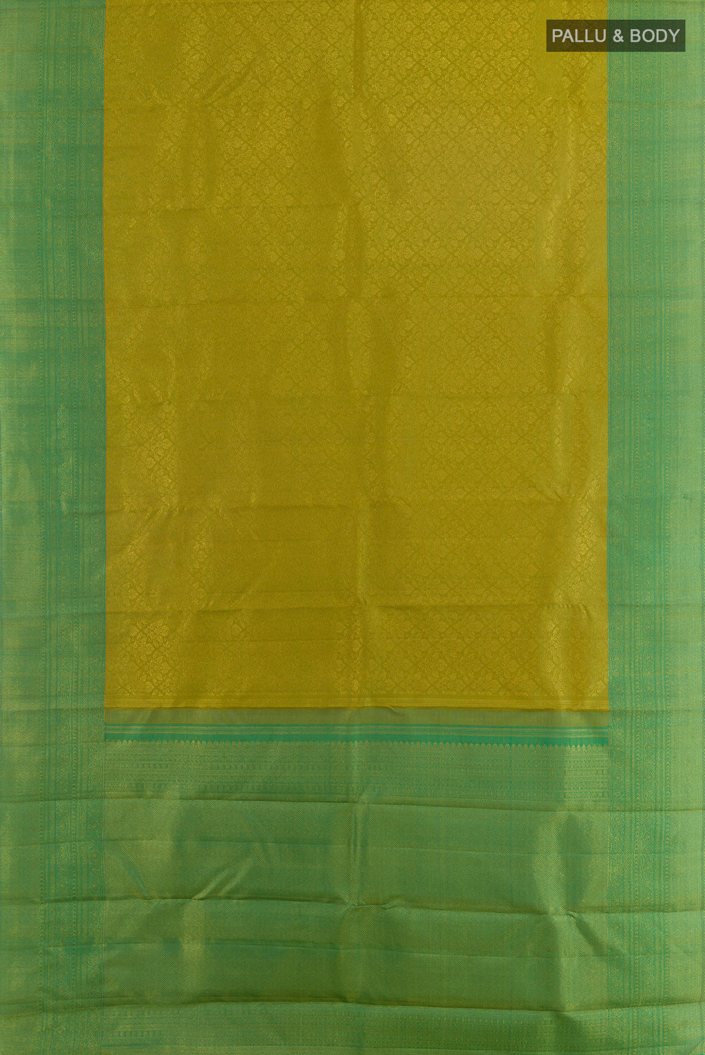 Flat view of Pure Silk Acid Green Kanchipuram Saree with Zari Brocade on the body and Zari Border. 