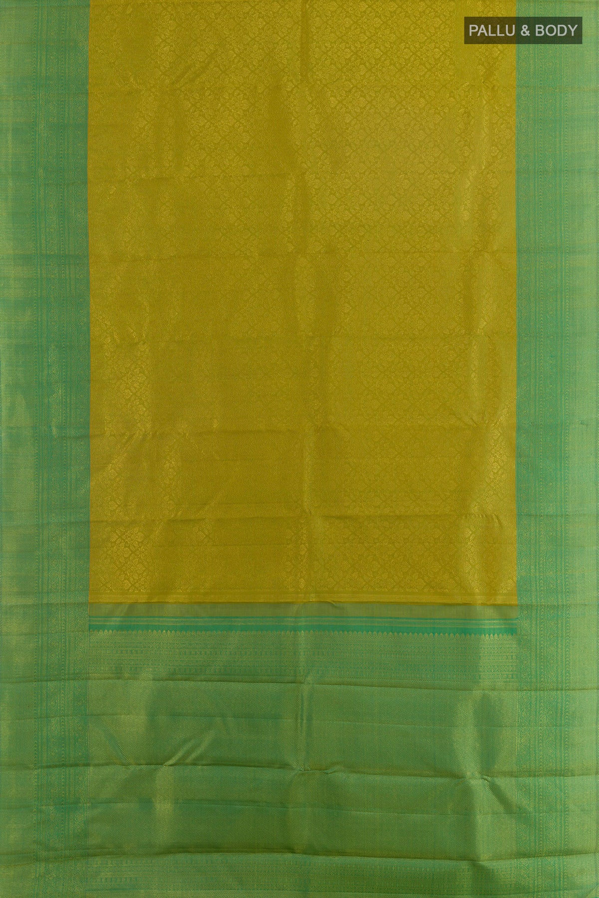 Flat view of Pure Silk Acid Green Kanchipuram Saree with Zari Brocade on the body and Zari Border. 