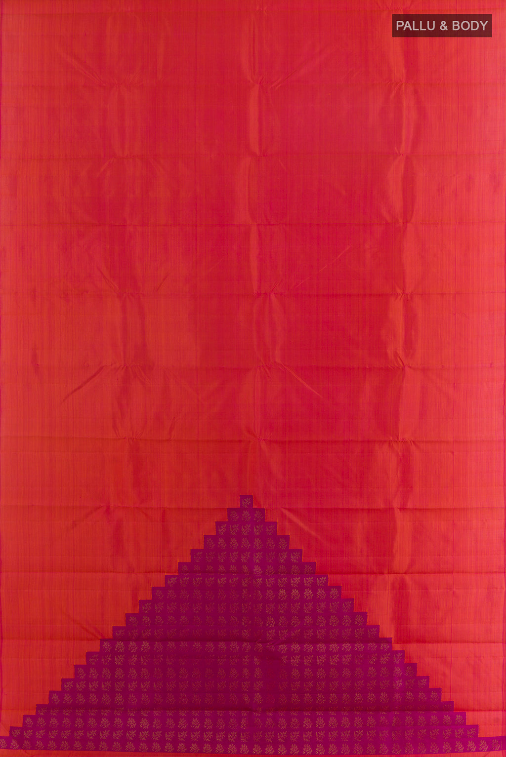 Flat view of Pure Silk Pure Zari Brick Orange Kanchipuram Saree with Plain Body and Without Border. 