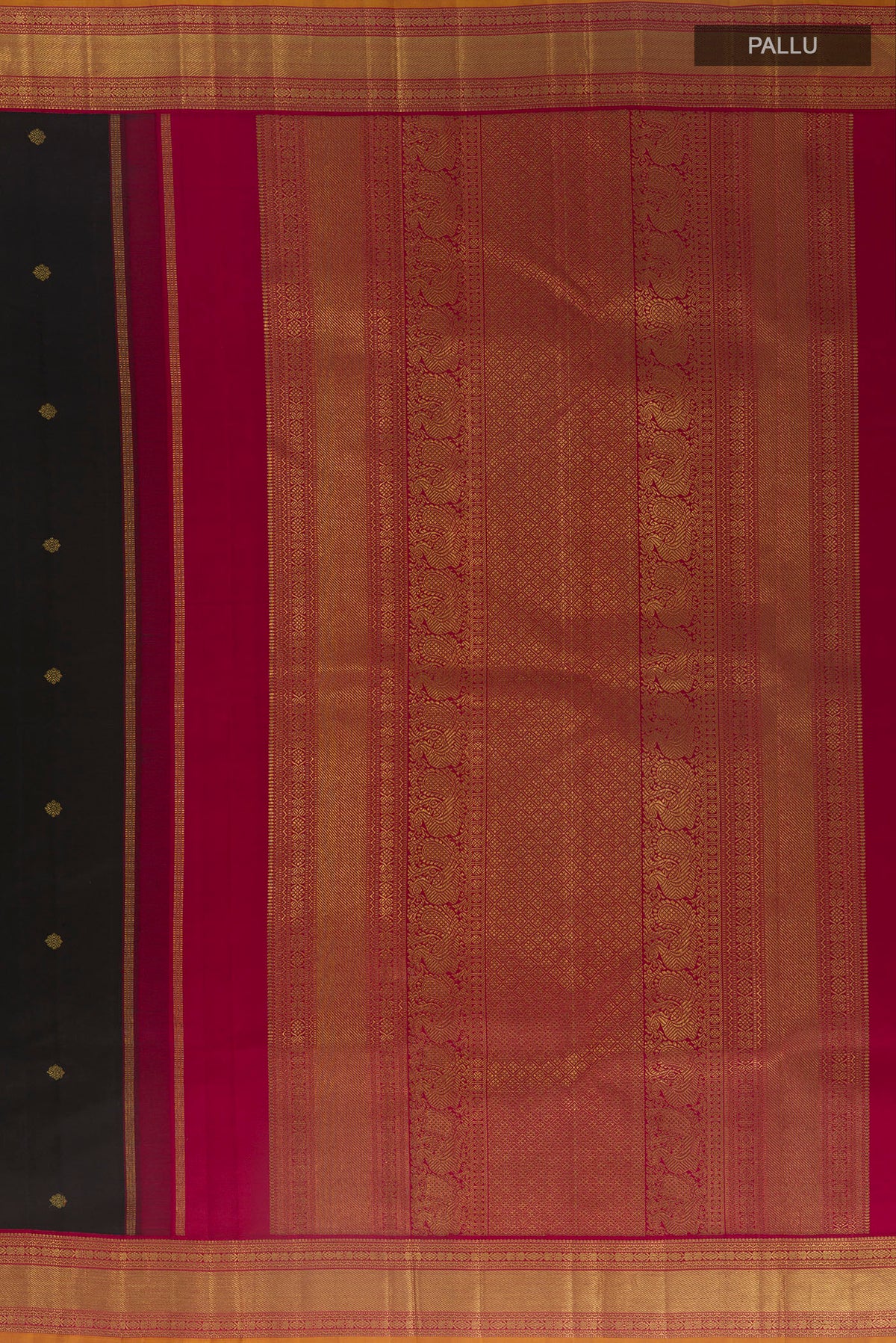 Close up image of the pallu of Pure Silk Pure Zari Black Kanjivaram Saree with Zari Butta on the body and Zari Border. 