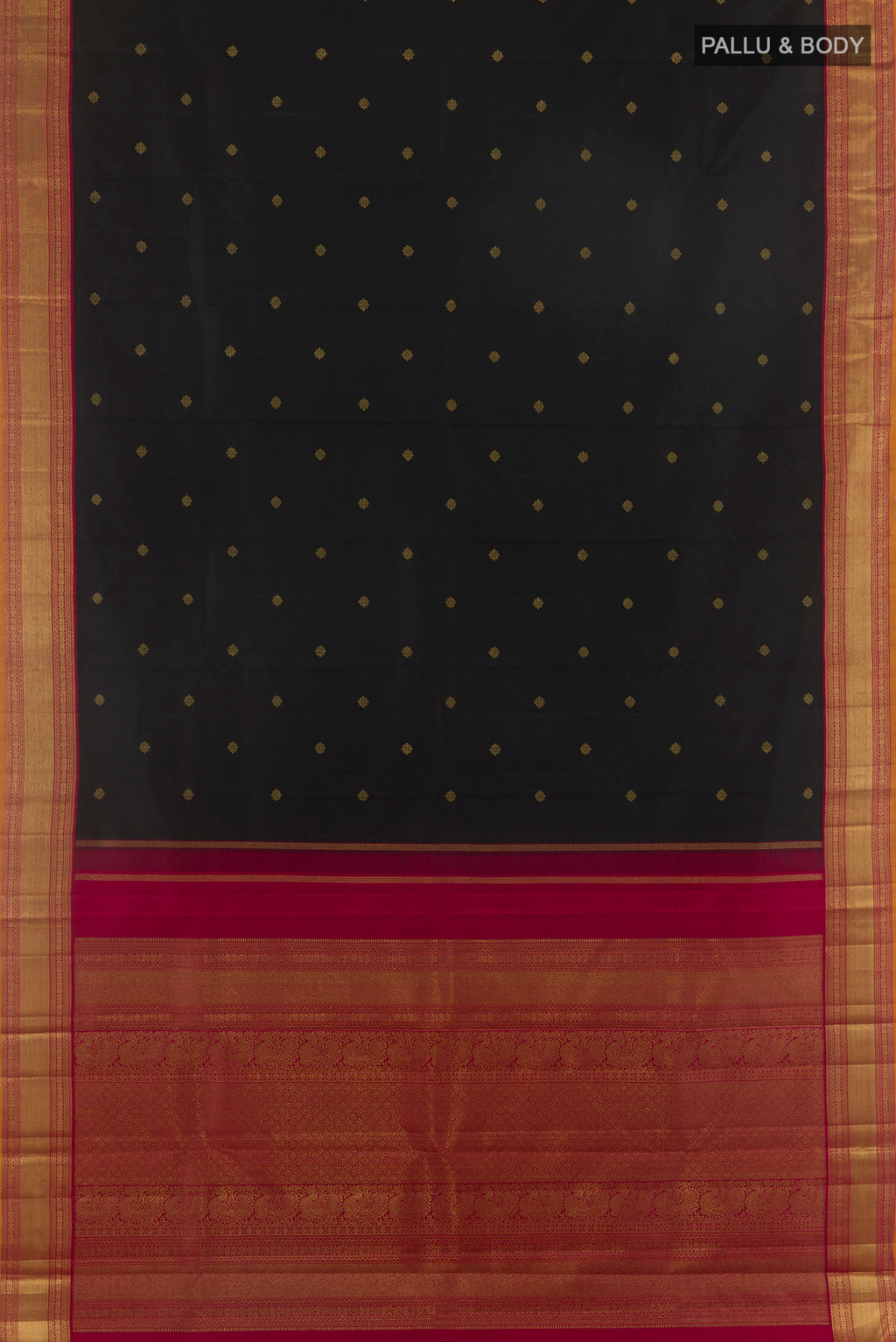 Flat view of Pure Silk Pure Zari Black Kanjivaram Saree with Zari Butta on the body and Zari Border. 