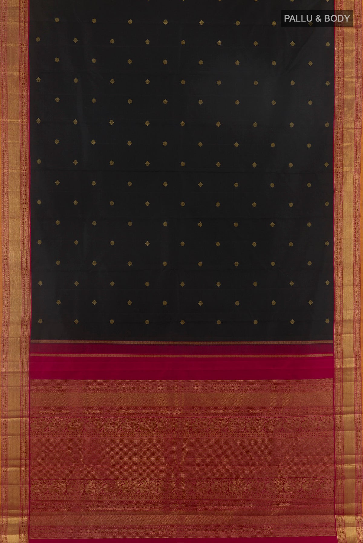 Flat view of Pure Silk Pure Zari Black Kanjivaram Saree with Zari Butta on the body and Zari Border. 