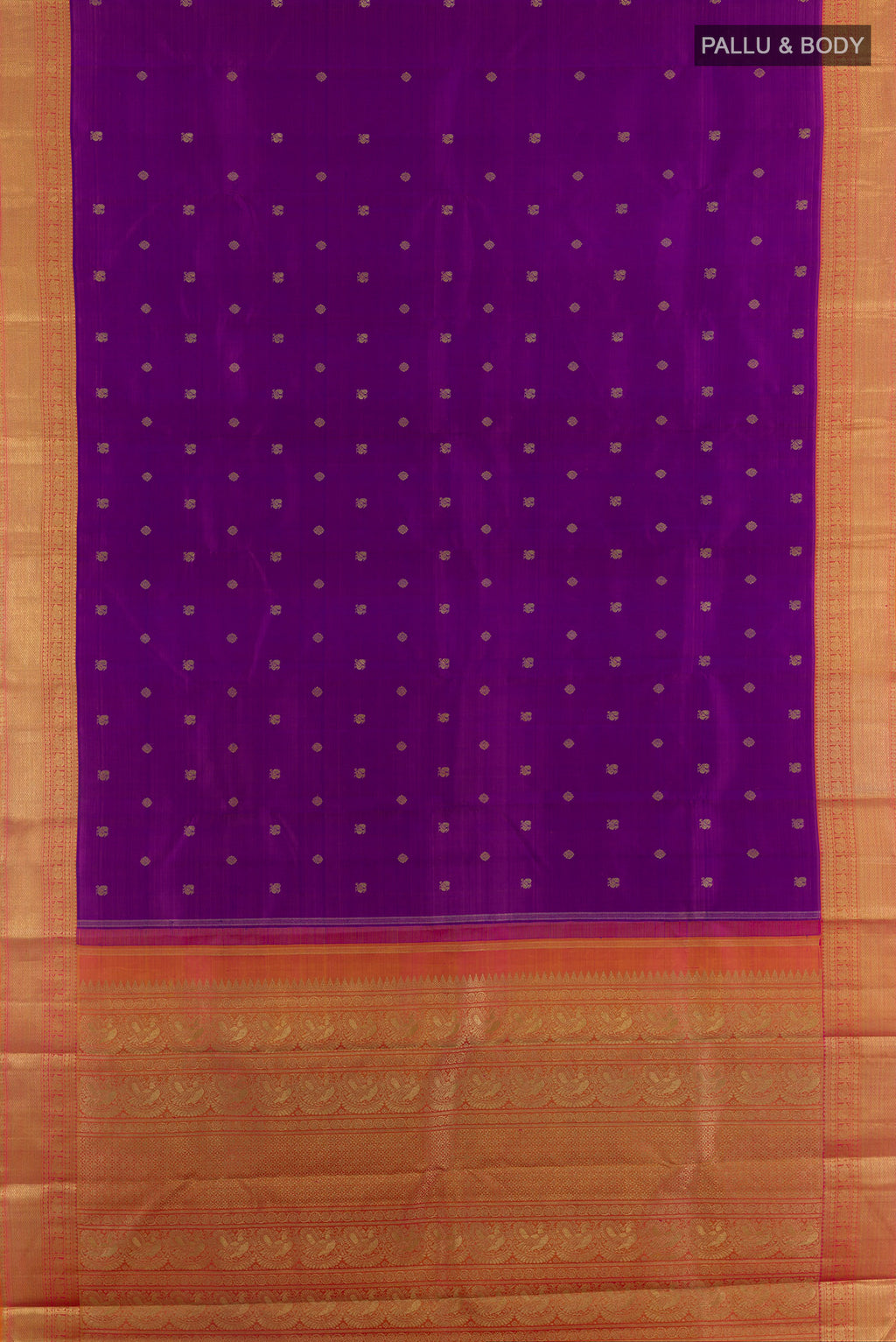 Flat view of Pure Silk Pure Zari Purple Kanjivaram Saree with Zari Butta on the body and Zari Border. 
