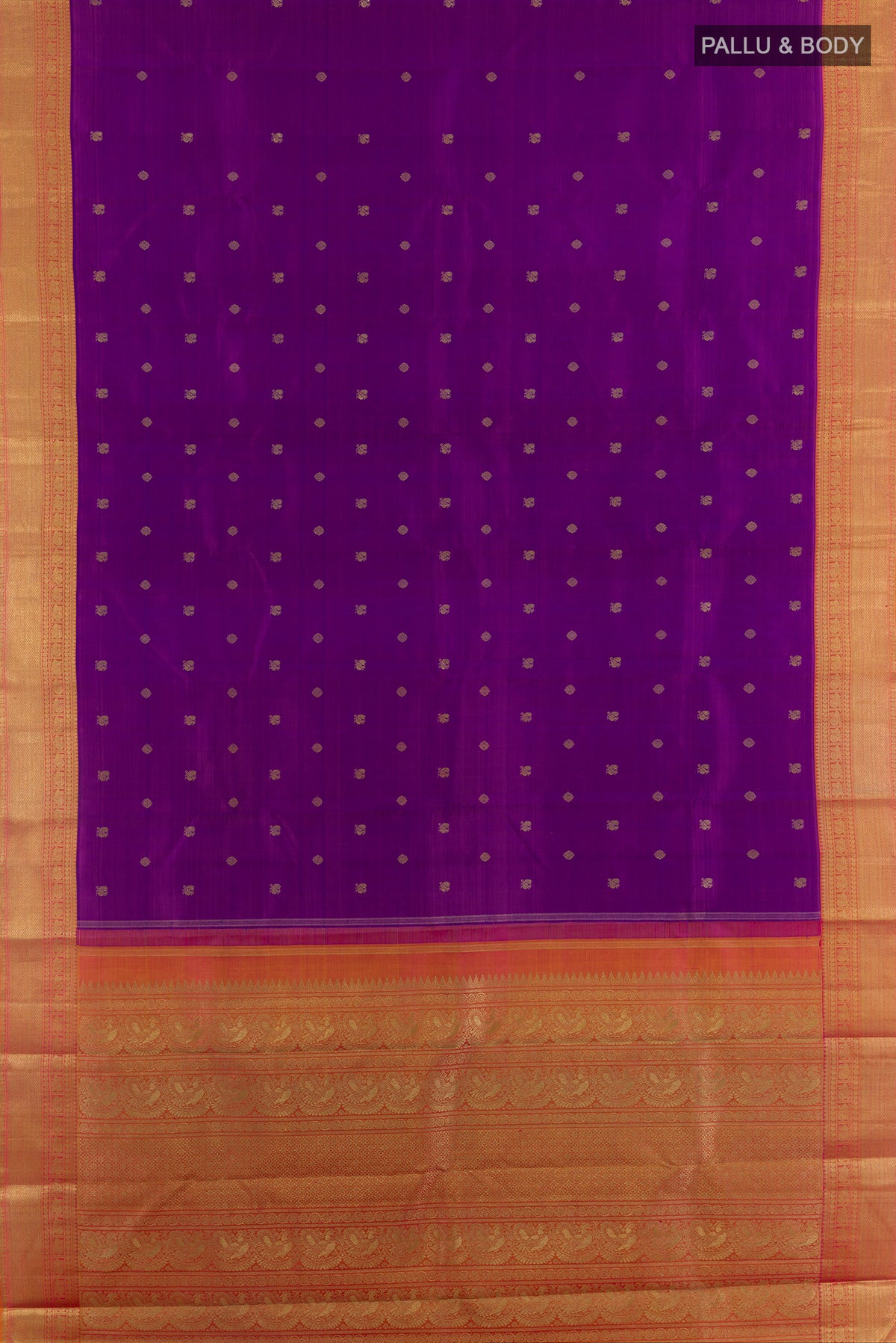Flat view of Pure Silk Pure Zari Purple Kanjivaram Saree with Zari Butta on the body and Zari Border. 