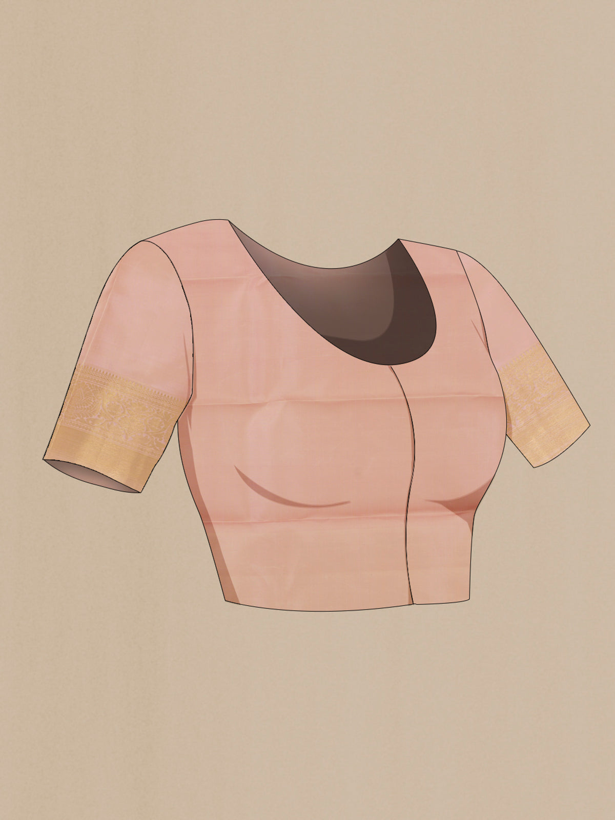 Close up image of the blouse of Pure Silk Pure Zari Peach Kanjivaram Saree with Zari Brocade on the body and Zari Border. 