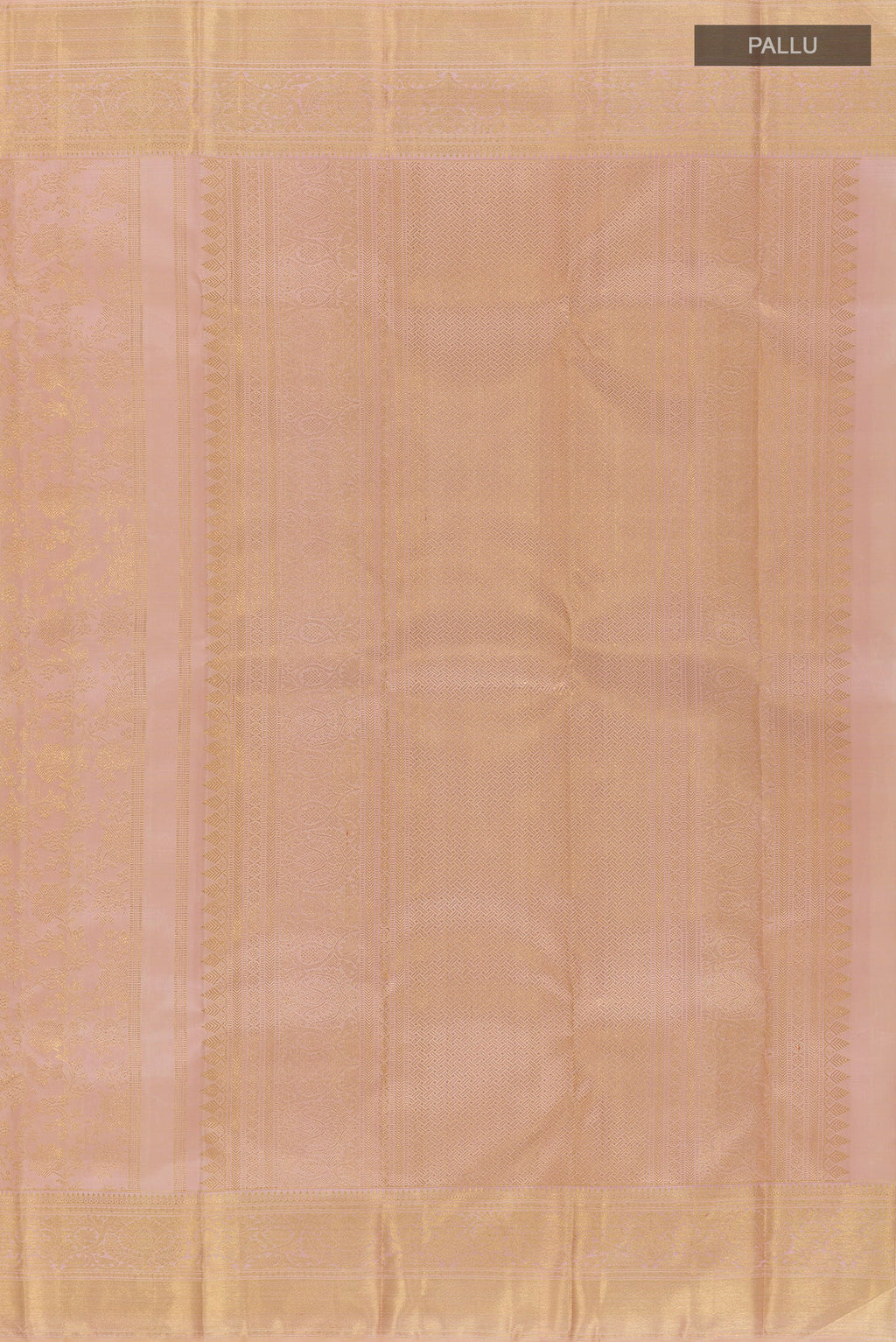 Close up image of the pallu of Pure Silk Pure Zari Peach Kanjivaram Saree with Zari Brocade on the body and Zari Border. 