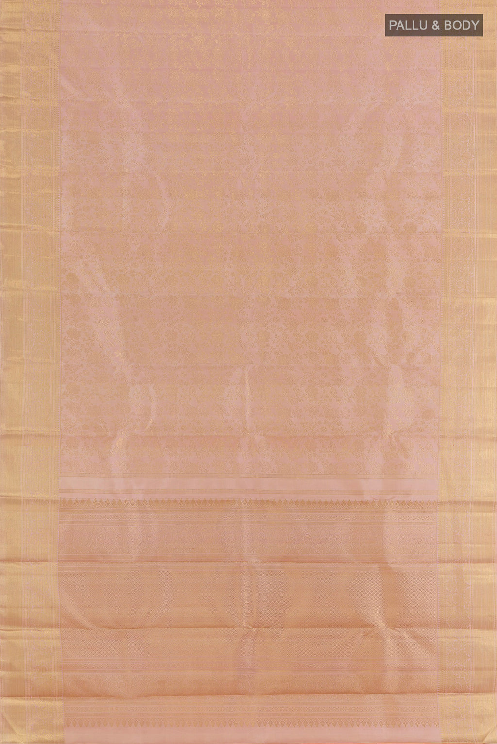 Flat view of Pure Silk Pure Zari Peach Kanjivaram Saree with Zari Brocade on the body and Zari Border. 