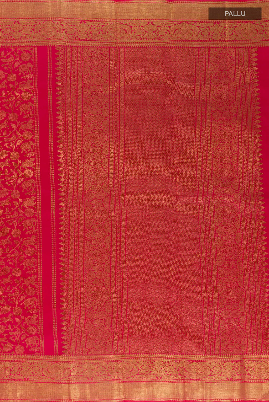 Close up image of the pallu of Pure Silk Pure Zari Dark Pink Kanjivaram Saree with Zari Brocade on the body and Zari Border. 