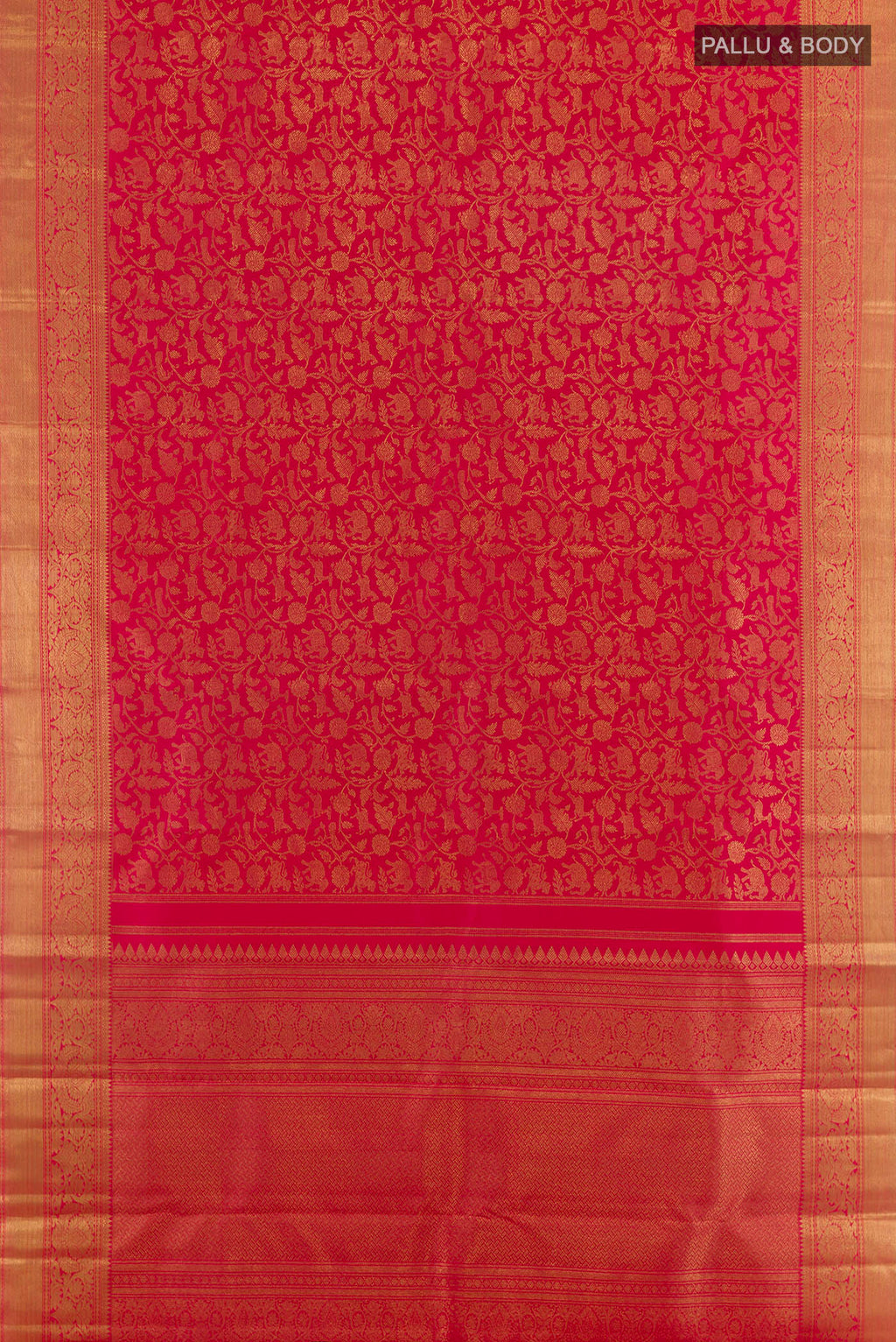 Flat view of Pure Silk Pure Zari Dark Pink Kanjivaram Saree with Zari Brocade on the body and Zari Border. 
