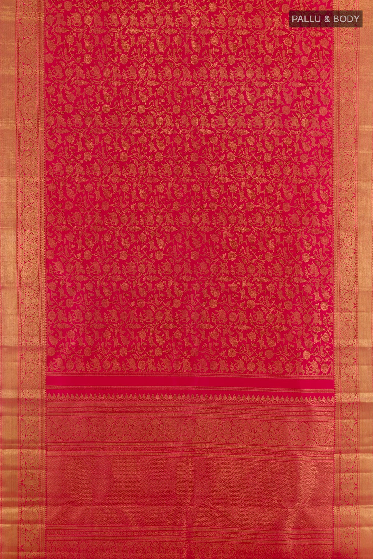Flat view of Pure Silk Pure Zari Dark Pink Kanjivaram Saree with Zari Brocade on the body and Zari Border. 