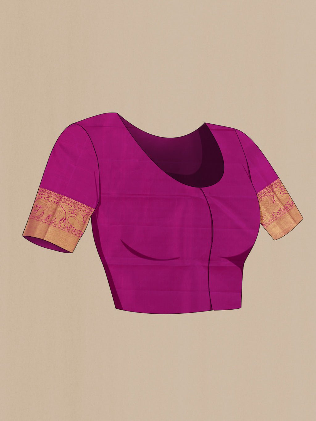 Close up image of the blouse of Pure Silk Pure Zari Rani Pink Kanjivaram Saree with Zari Brocade on the body and Zari Border. 