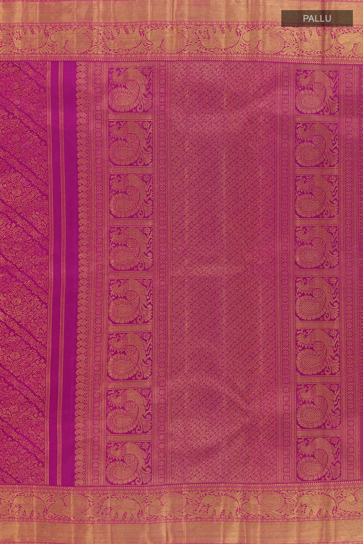 Close up image of the pallu of Pure Silk Pure Zari Rani Pink Kanjivaram Saree with Zari Brocade on the body and Zari Border. 