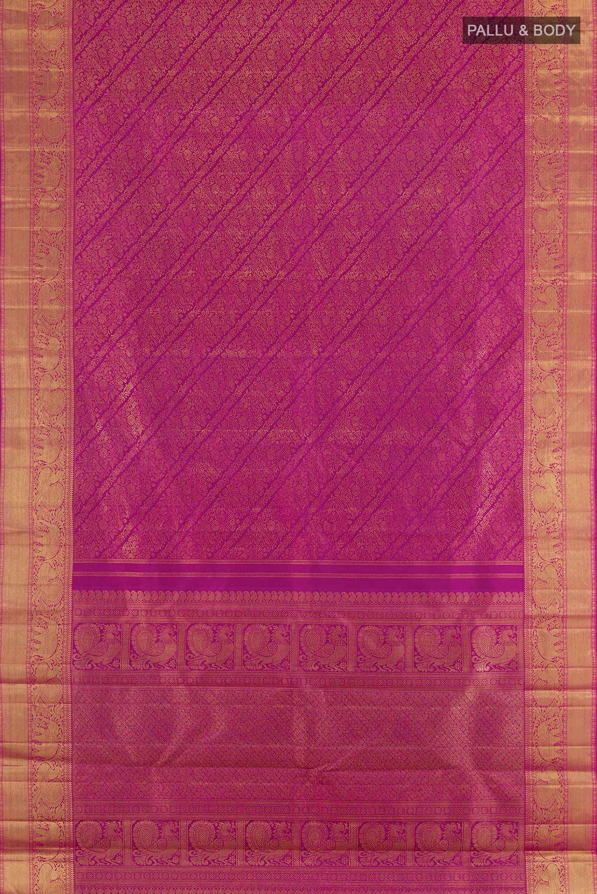 Flat view of Pure Silk Pure Zari Rani Pink Kanjivaram Saree with Zari Brocade on the body and Zari Border. 